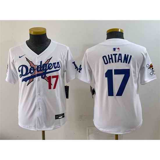 Youth Los Angeles Dodgers x One Piece  17 Shohei Ohtani White Vapor Premier Limited Stitched Baseball Jersey