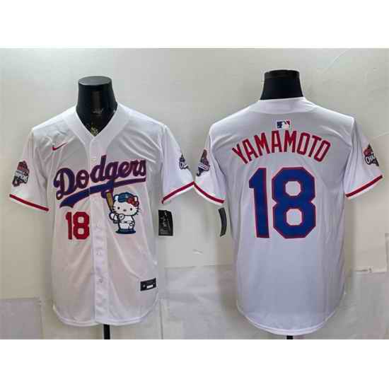 Men Los Angeles Dodgers  18 Yoshinobu Yamamoto White Hello Kitty Night 2025 World Series Champions Patch Stitched Baseball Jersey