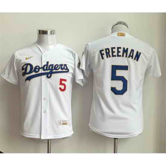 Youth Los Angeles Dodgers  5 Freddie Freeman White Gold Collection Stadium Stitched Baseball Jersey