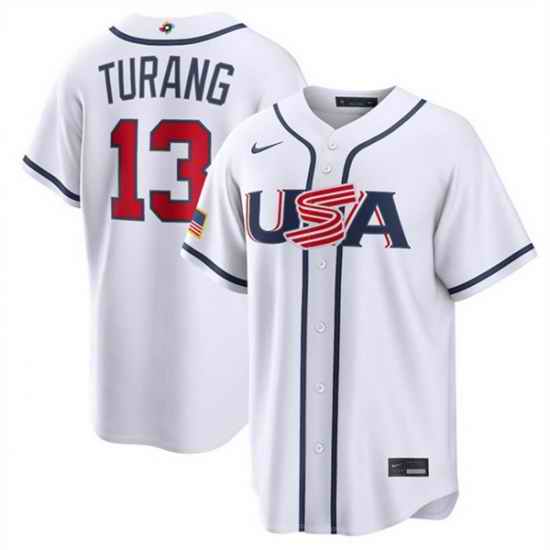 Men USA Baseball  13 Brice Turang White 2026 World Baseball Classic Home Stadium Stitched Jersey