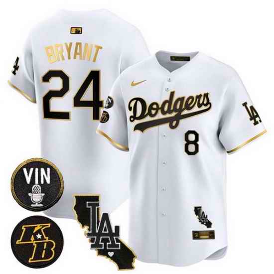 Men Los Angeles Dodgers Front 8 Back 24 Kobe Bryant White Gold 2025 Vin  26 Kobe Patch Vapor Limited V2 Stitched Baseball Jersey