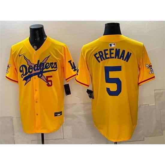 Men Los Angeles Dodgers x One Piece  5 Freddie Freeman Yellow Vapor Premier Limited Stitched Baseball Jersey