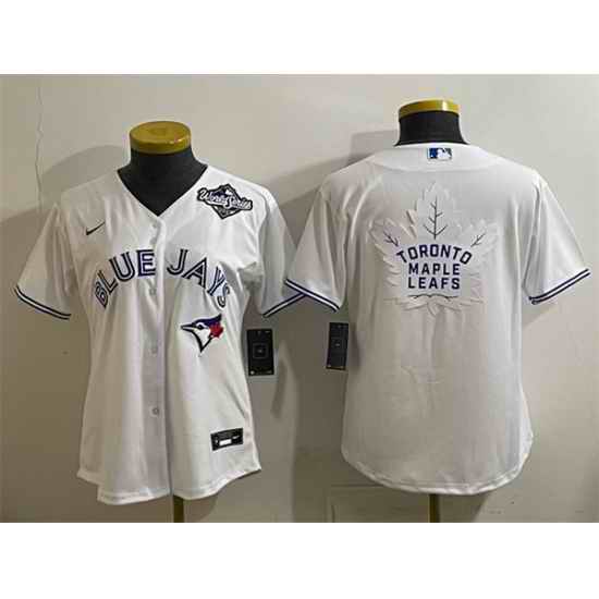 Women Toronto Blue Jays  26 Leafs White 2025 World Series With White Leafs Logo Cool Base Stitched Baseball Jersey