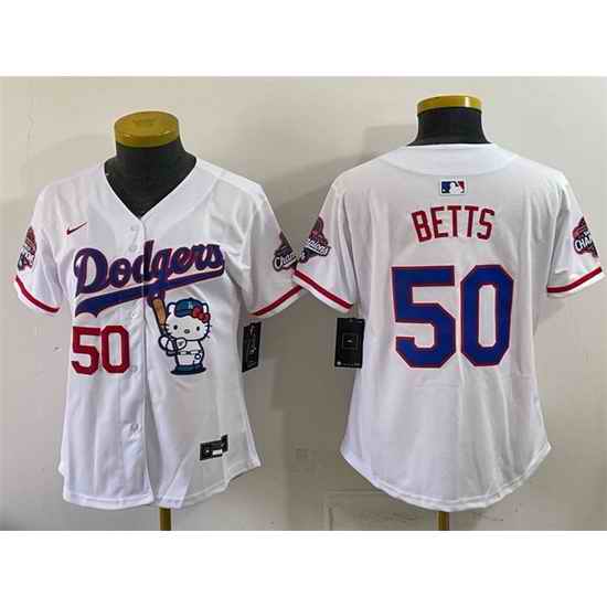 Women Los Angeles Dodgers  50 Mookie Betts White Hello Kitty Night 2025 World Series Champions Patch Stitched Baseball Jersey