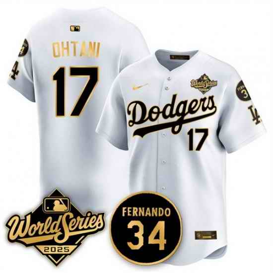 Men Los Angeles Dodgers 17 Shohei Ohtani White Gold 2025 World Series With No 34 Patch Limited Stitched Baseball Jersey