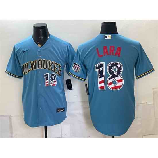 Men Milwaukee Brewers 18 Luis Lara Blue 2026 USA 250 Fourth of July Home Stadium Stitched Baseball Jersey