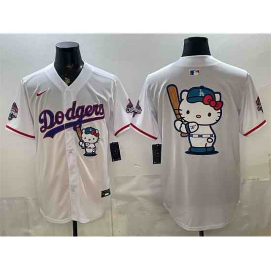 Men Los Angeles Dodgers Team Big Logo White Hello Kitty Night 2025 World Series Champions Patch Stitched Baseball Jersey