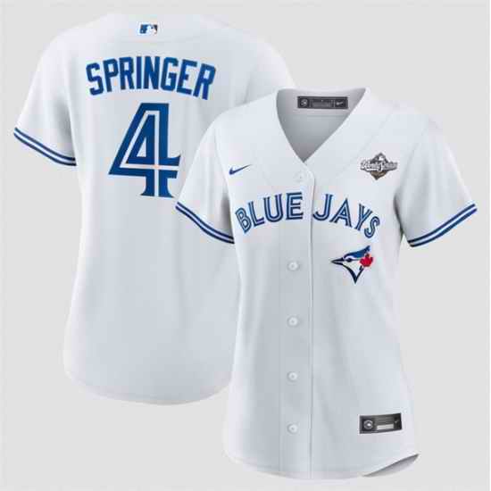 Women Toronto Blue Jays 4 George Springer White 2025 World Series Home Cool Base Stitched Baseball Jersey