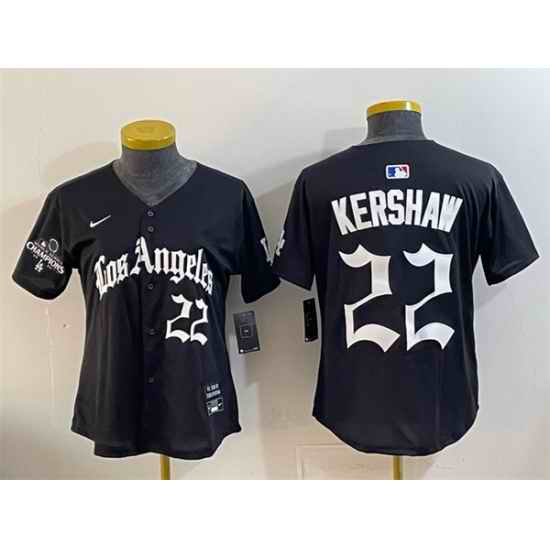 Women Los Angeles Dodgers 22 Clayton Kershaw Black 2025 World Series Champions LA Gothic Edition Limited Stitched Baseball Jersey