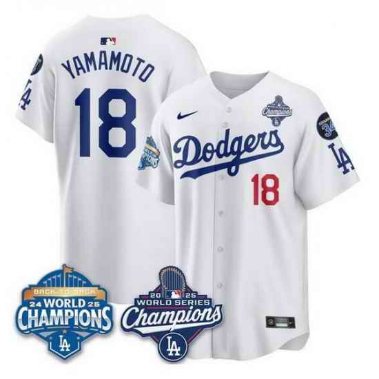 Men Los Angeles Dodgers 18 Yoshinobu Yamamoto White 2025 World Series Champions  26 Back to Back Champions With No 34 Patch Limited Stitched Baseball Jerse