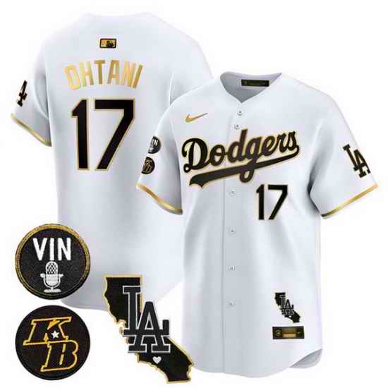 Men Los Angeles Dodgers 17 Shohei Ohtani White Gold 2025 Vin  26 Kobe Patch Vapor Limited V2 Stitched Baseball Jersey