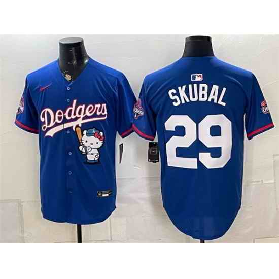 Men Los Angeles Dodgers  29 Tarik Skubal Royal Hello Kitty Night 2025 World Series Champions Patch Stitched Baseball Jersey