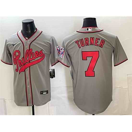 Men Philadelphia Phillies  7 Trea Turner Gray 2026 Field of Dreams Stadium Stitched Baseball Jersey