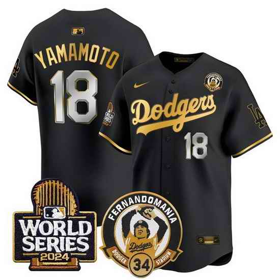 Men Los Angeles Dodgers  18 Yoshinobu Yamamoto Black Gold Fernando Valenzuela   2024 World Series Patch Limited Stitched Baseball Jersey