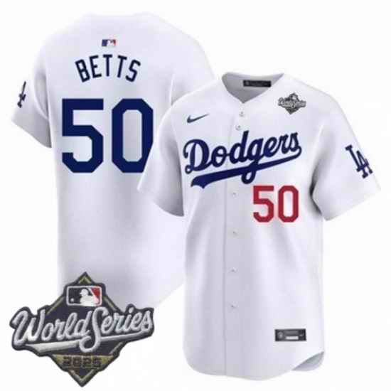 Men Los Angeles Dodgers 50 Mookie Betts 2025 World Series Cool Base Stitched Baseball Jersey White