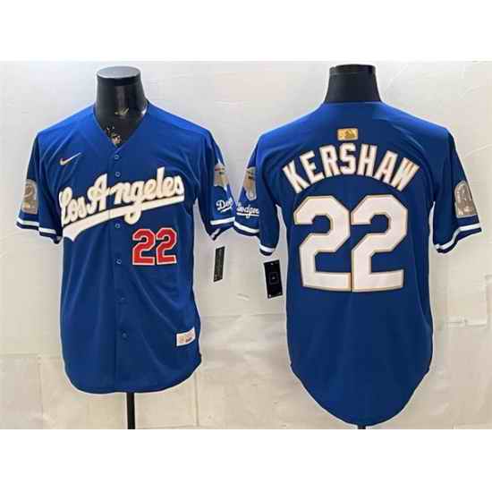 Men Los Angeles Dodgers  22 Clayton Kershaw Royal 2026 Gold Collection 9x   B2B Champs Patch Stitched Baseball Jersey