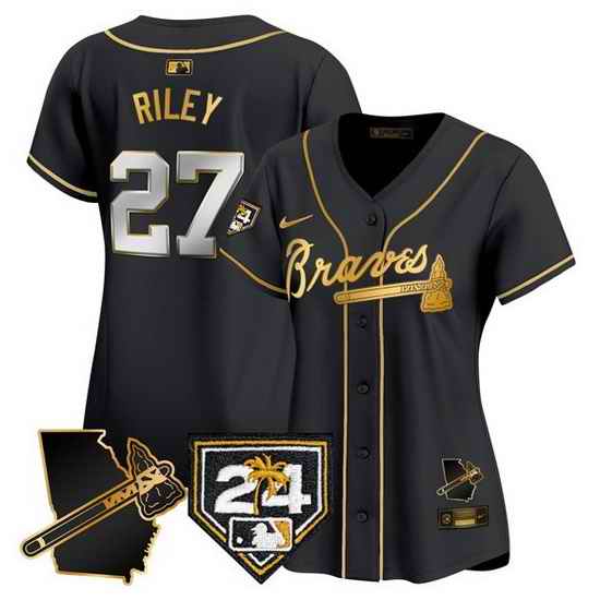 Women Atlanta Braves 27 Austin Riley Black Gold 2024 Spring Training 26 Georgia Patch Vapor Limited Stitched Baseball Jersey
