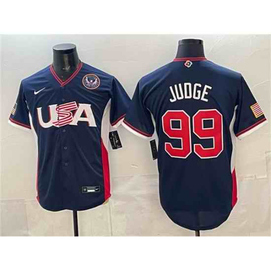 Men USA Baseball  99 Aaron Judge Navy 2026 World Baseball Classic United States 250th Anniversary Patch Road Stadium Stitched Jersey