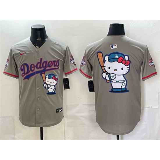 Men Los Angeles Dodgers Team Big Logo Grey Hello Kitty Night 2025 World Series Champions Patch Stitched Baseball Jersey