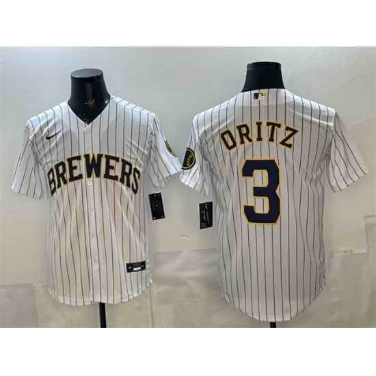Men Milwaukee Brewers  3 Joey Ortiz White Pinstripe 2025 With Patch Stitched Baseball Jersey