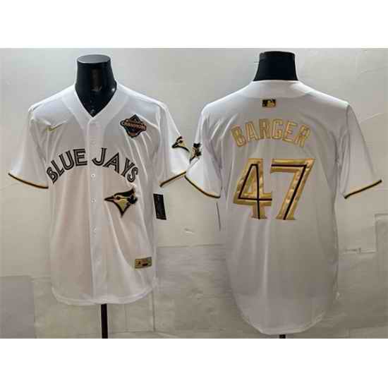 Men Toronto Blue Jays 47 Addison Barger White Gold 2025 American League Champions Limited Stitched Baseball Jersey