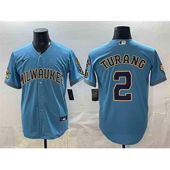 Men Milwaukee Brewers  2 Brice Turang Blue With Home   Bob Uecker Patch Stitched Baseball Jersey