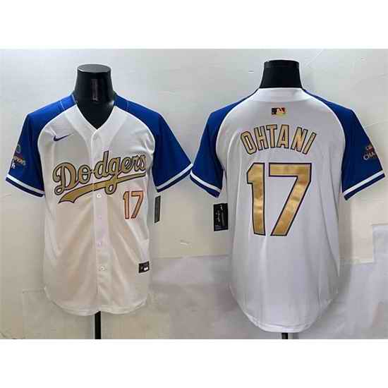 Men Los Angeles Dodgers 17 Shohei Ohtani White Royal Gold 2024 World Series Champions Vapor Limited Stitched Baseball Jersey