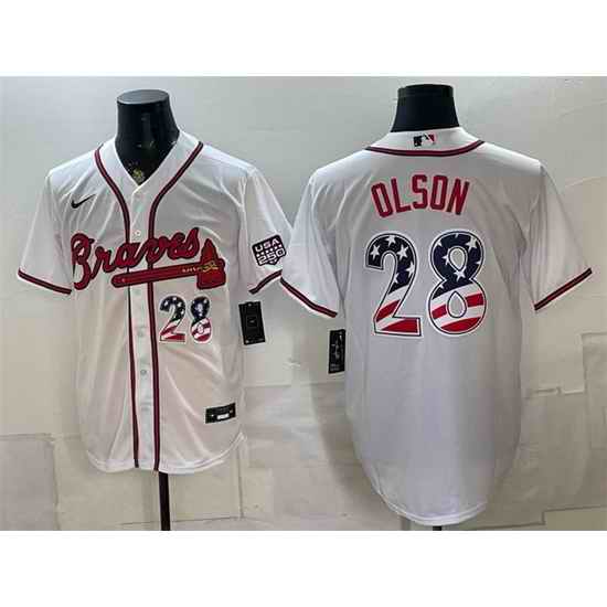Men Atlanta Braves  28 Matt Olson White USA 250 Fourth of July Home Stadium Stitched Baseball Jersey