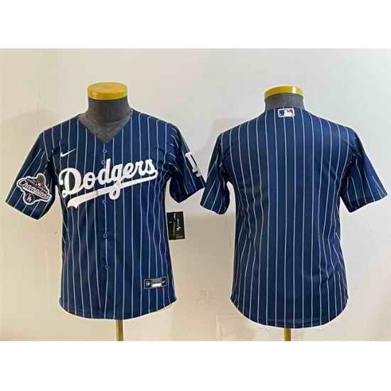 Youth Los Angeles Dodgers Blank Navy Pinstripe 2025 World Series Champions Patch Cool Base Stitched Baseball Jersey
