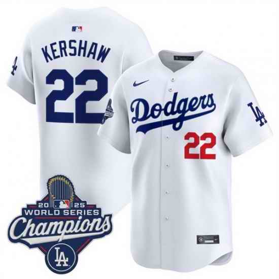 Men Los Angeles Dodgers 22 Clayton Kershaw White 2025 World Series Champions Patch Home Limited Stitched Baseball Jersey