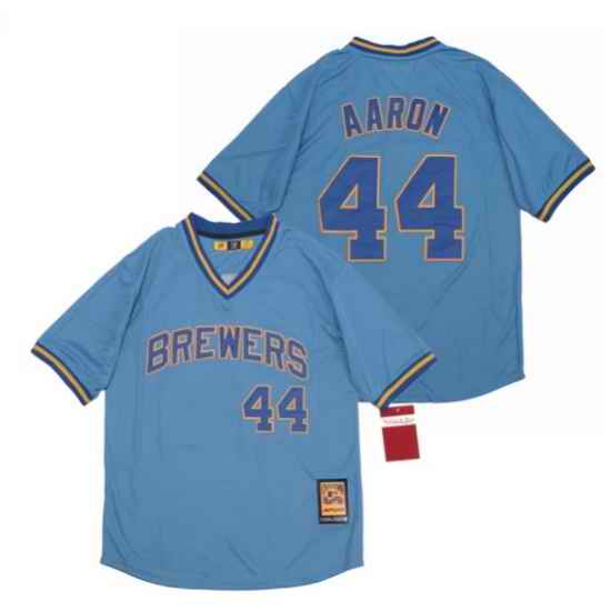 Men Hank Aaron #44 Milwaukee Brewers Jersey Mitchell Ness Blue
