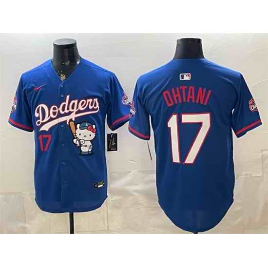 Men Los Angeles Dodgers  17 Shohei Ohtani Royal Hello Kitty Night 2025 World Series Champions Patch Stitched Baseball Jersey