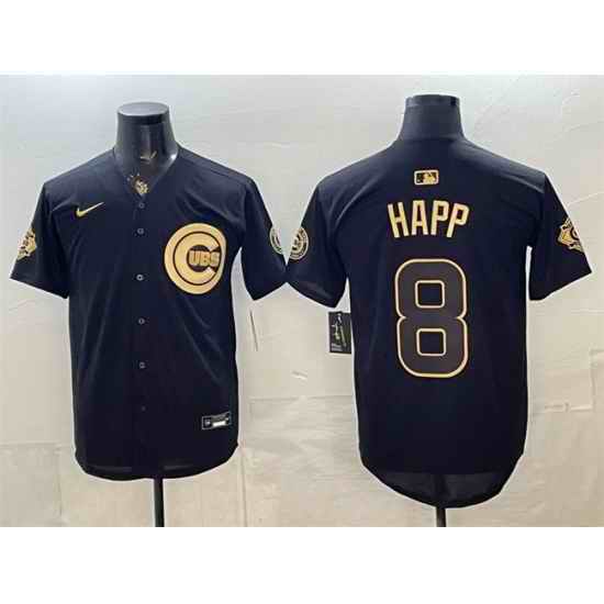 Men Chicago Cubs  8 lan Happ Black Gold 150th Anniversary Patch Stitched Baseball Jersey