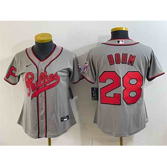 Women Philadelphia Phillies 28 Alec Bohm Gray 2026 Field of Dreams Stadium Stitched Baseball Jersey Run Small