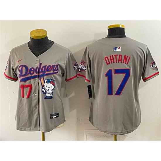 Women Los Angeles Dodgers  17 Shohei Ohtani Grey Hello Kitty Night 2025 World Series Champions Patch Stitched Baseball Jersey