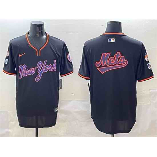Men New York Mets Team Big Logo Black 2025 Spring Training Stitched Baseball Jersey 1