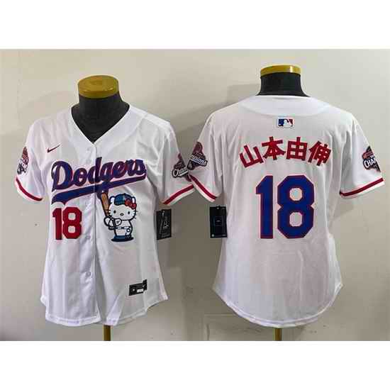 Women Los Angeles Dodgers  18 Yoshinobu Yamamoto White Hello Kitty Night 2025 World Series Champions Patch Stitched Baseball Jersey