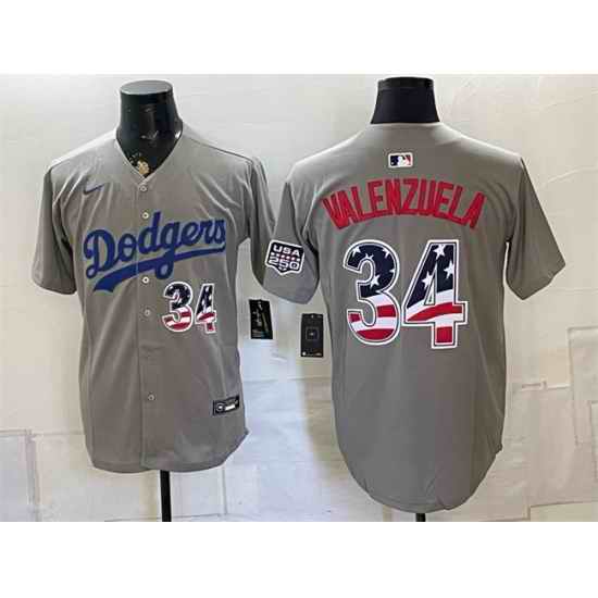 Men Los Angeles Dodgers  34 Fernando Valenzuela Gray USA 250 Fourth of July Stitched Baseball Jersey