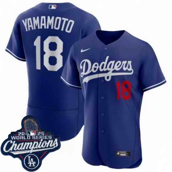 Men Los Angeles Dodgers 18 Yoshinobu Yamamoto Cool Base 2025 World Champions Stitched Baseball Jersey Blue