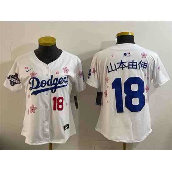 Women Los Angeles Dodgers 18  Yoshinobu Yamamoto White 2025 World Series Champions Patch Tokyo Series Limited Stitched Baseball Jersey