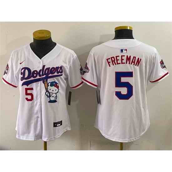 Women Los Angeles Dodgers  5 Freddie Freeman White Hello Kitty Night 2025 World Series Champions Patch Stitched Baseball Jersey
