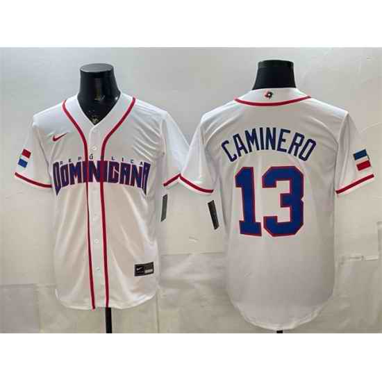 Men Dominican Republic Baseball  13 Junior Caminero White 2026 World Baseball Classic Home Stadium Stitched Jersey