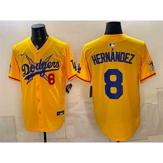 Men Los Angeles Dodgers x One Piece  8 Enrique Hernandez Yellow Vapor Premier Limited Stitched Baseball Jersey