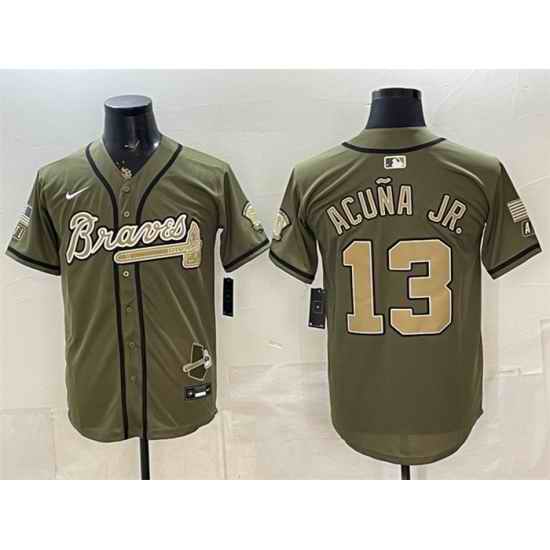 Men Atlanta Braves  13 Ronald Acuna Jr  Olive 2026 Armed Forces Day Stitched Baseball Jersey