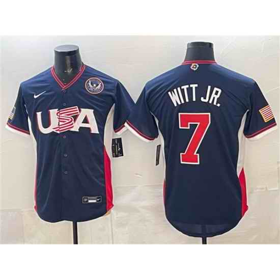Men USA Baseball  7 Bobby Witt Jr  Navy 2026 World Baseball Classic United States 250th Anniversary Patch Road Stadium Stitched Jersey
