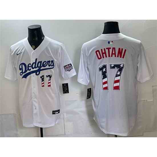 Men Los Angeles Dodgers  17 Shohei Ohtani White 250 Fourth of July Home Stitched Baseball Jersey