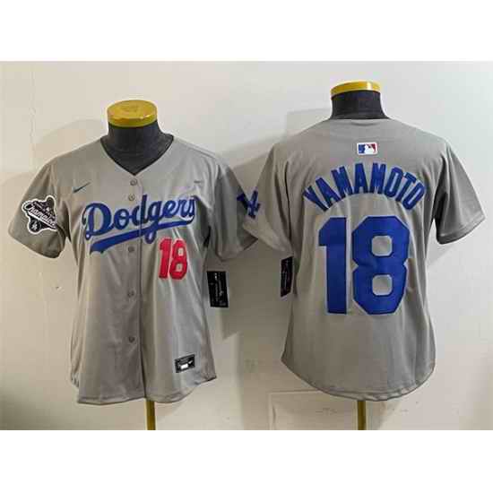 Youth Los Angeles Dodgers 18 Yoshinobu Yamamoto Grey 2025 World Series Champions Patch Limited Stitched Baseball Jersey