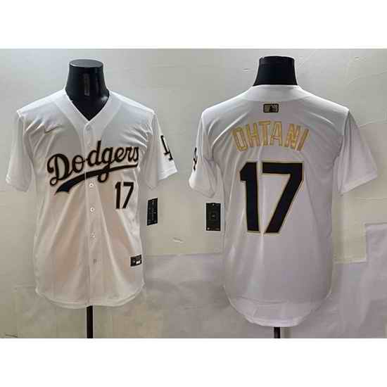 Men Los Angeles Dodgers 17 Shohei Ohtani White Gold Limited Stitched Baseball Jersey