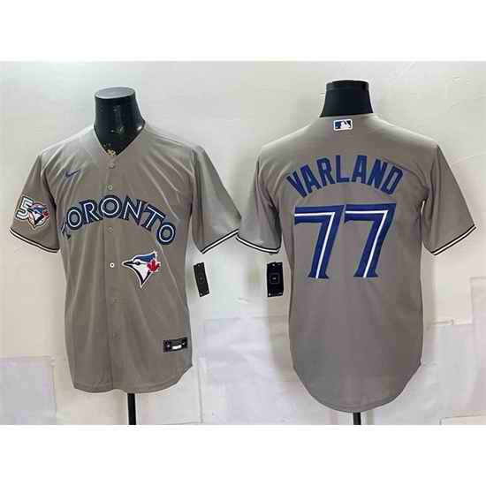 Men Toronto Blue Jays  77 Louis Varland Grey 50 Seasons Patch Stitched Baseball Jersey