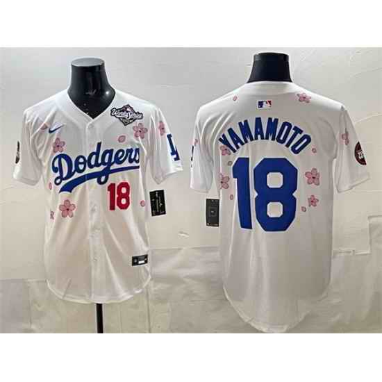 Men Los Angeles Dodgers 18 Yoshinobu Yamamoto White 2025 World Series Patch Tokyo Series Limited Stitched Baseball Jersey